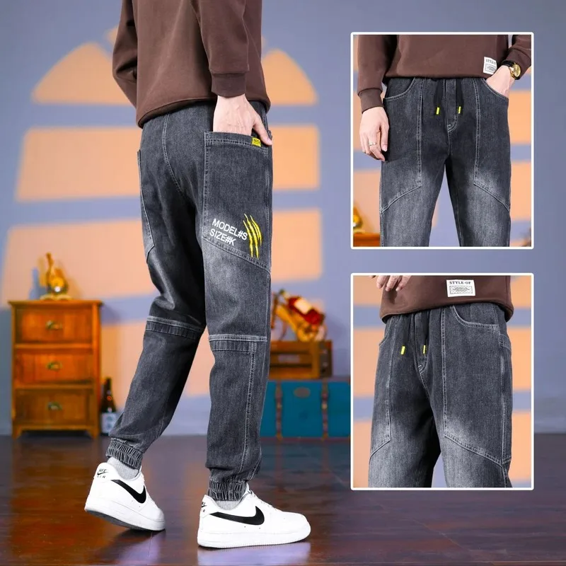 

Men's Fleece Lined Loose Fit Large Size Denim Jeans Casual Elastic Waist Pants with Big Pockets Fashionable Autumn Wear