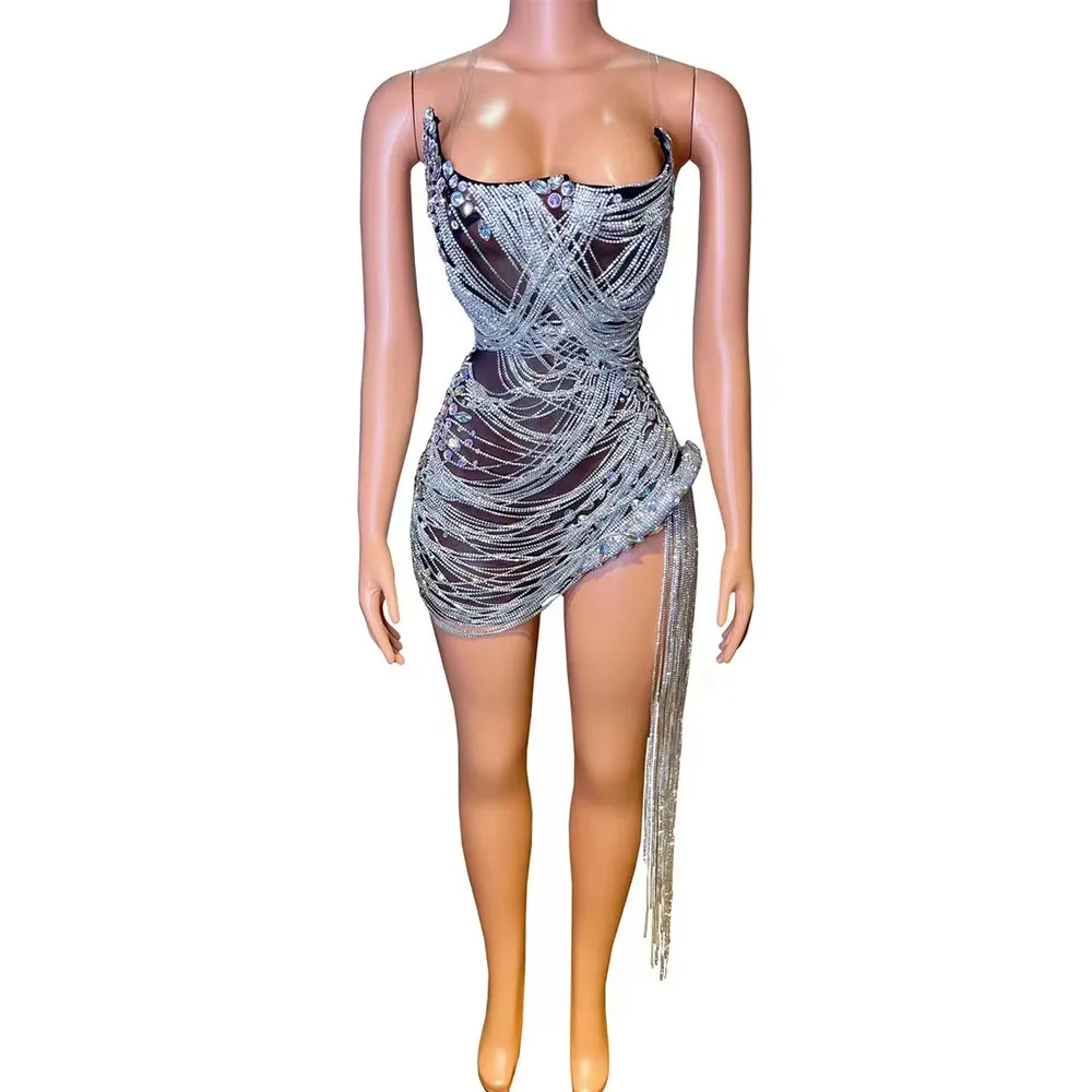 고급스러운 실버 크리스탈 체인 투명 블랙 누드 골드 드레스 라인스톤 프린지 퍼포먼스 시스루 의상 코스튬