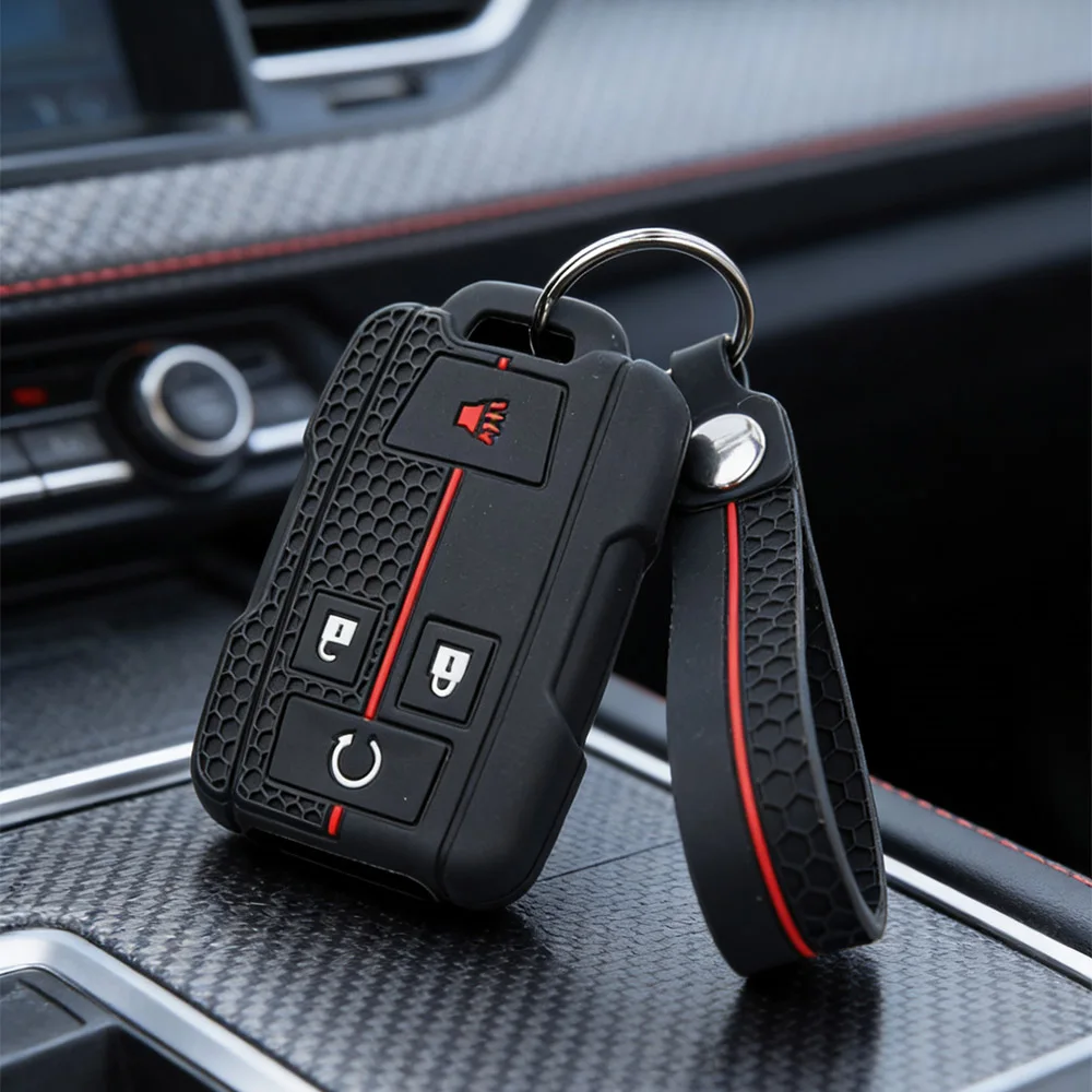 Honeycomb Anti‑Slip Silicone Key Fob Cover with Keyring for Chevrolet Silverado Suburban Tahoe GMC Yukon Sierra Terrain view 2