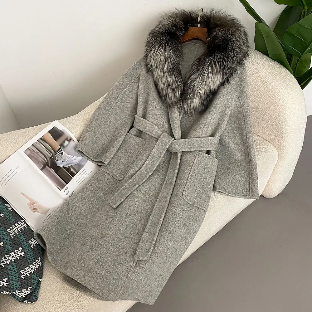 2024 Winter Korean Double-sided Wool Coat with Detachable Natural Oversized Fox Fur Collar Fashionable Casual Fur Coat Women