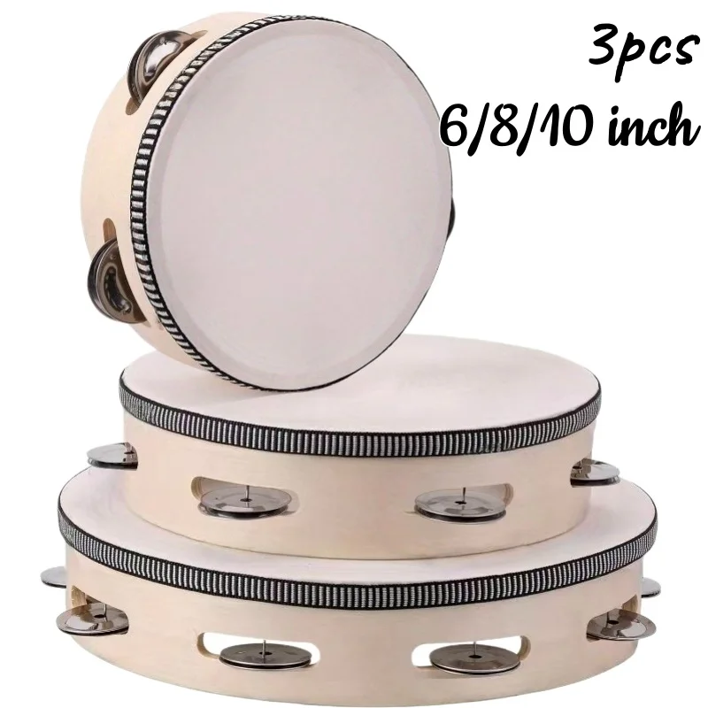 1/3pcs Wooden Tambourine 6/8/10inch Handheld Drum Bell Percussion Music Education Instrument Gift for Weddings Game Church Party