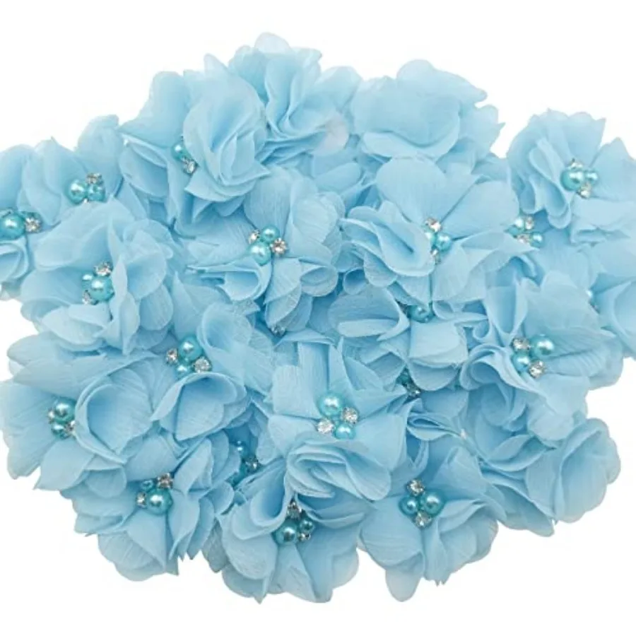 

30 PCS Rhinestone Pearl Chiffon Flower Sewing Fabric Appliques for Clothing, Headbands Flower, Crafts, Party Decoration, Sewing