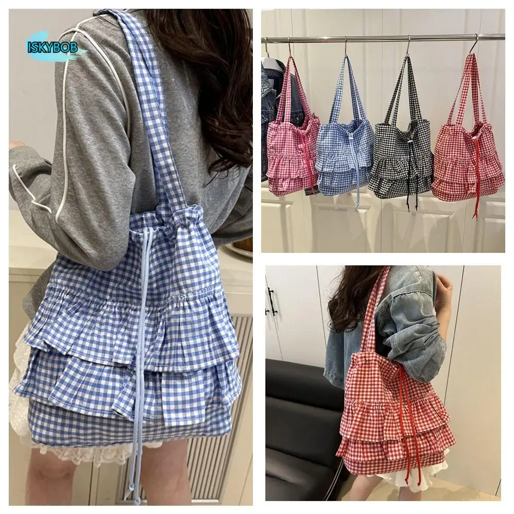 

All-match Korean Style Lotus Leaf Shoulder Bag Fashion Printing Plaid Tote Bag Cloth Large Capacity Drawstring Bag Storage Bag