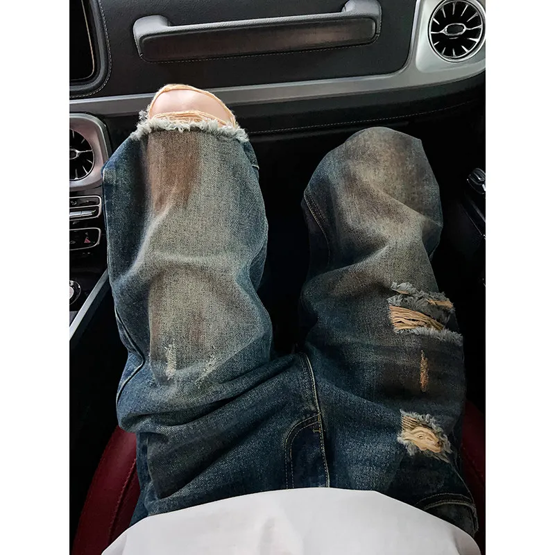 

Waed Ripped Straight Leg Thin Denim Jeans Men's Summer American Vintage High Street Jeans Loose Fit Long Pants Cotton Polye...