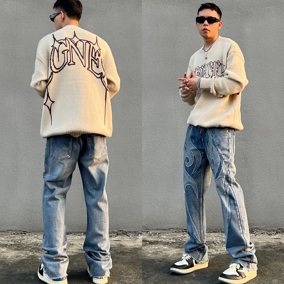 High Street American Jeans Men\'s Splice Patch Embroidery Wash Long Pants Loose Straight Sleeve Ragged Edge High Elastic Flame 24