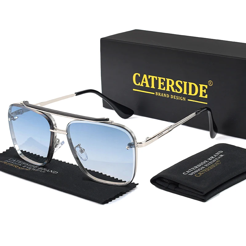 CATERSIDE Retro-Sonnenbrille mit großem Metallrahmen für Herren, flache Oberseite, Doppelbrücke, hochwertige Sonnenbrille für Damen, Party- und Festival-Brillen – Detail 8
