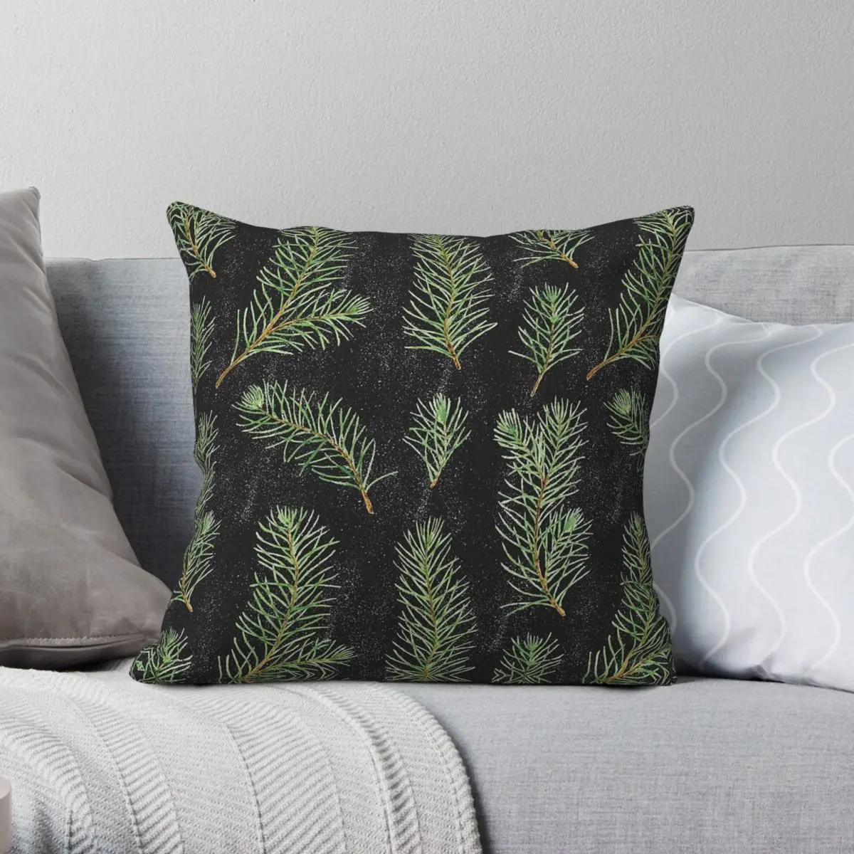 Watercolor Pine Branches Square Pillowcase Polyester Linen Velvet Printed Zip Decor Home Cushion Cover