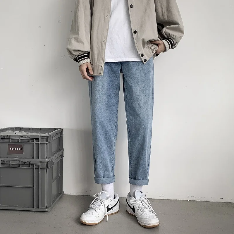 

Men's Dad Style Jeans Hong Kong Style Trendy Drapey Summer Loose Waist Straight Leg Nine Point Pants Casual Loose Fit Jeans