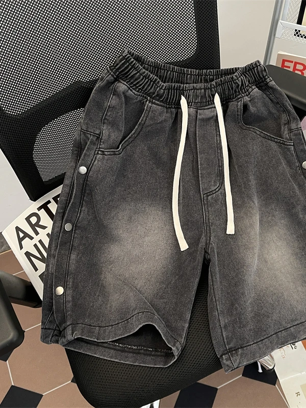 

Summer Men's Button down Denim Shorts Five-Quarter Length Washed Loose Straight Cut Casual Jeans Trendy Streetwear Vintage Style