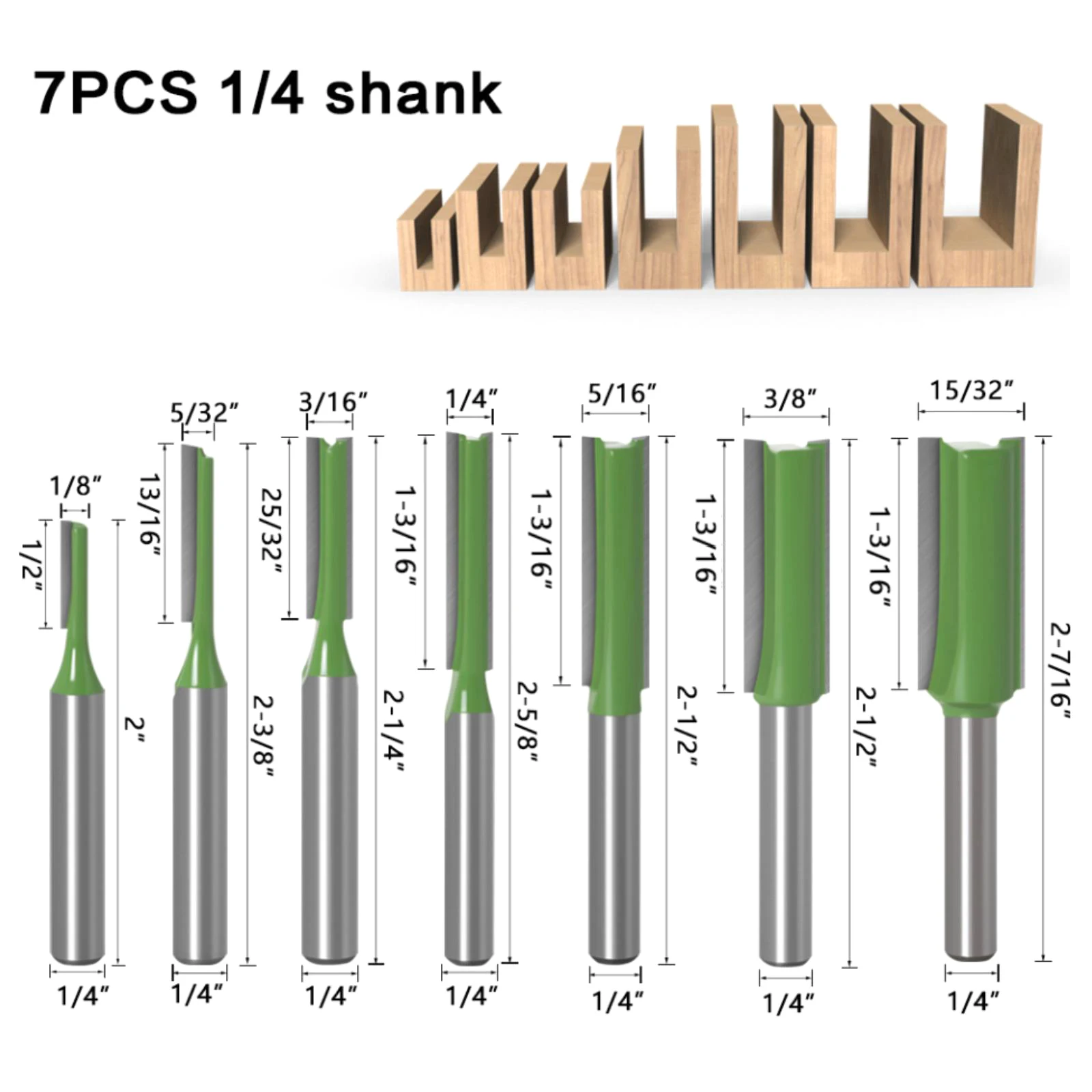 7Pcs/Set 1/4′′ Shank Straight Bit YG8 Alloy Carbon Steel Single Double Flute Router Bit Wood Milling Cutter For Woodwork Tools