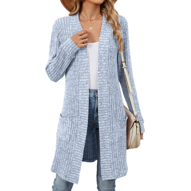 Women's New Patchwork V-neck Pocket Vertical Stripe Fashion Minimalist Casual Loose and Versatile Long Sleeved Knitted Cardigan