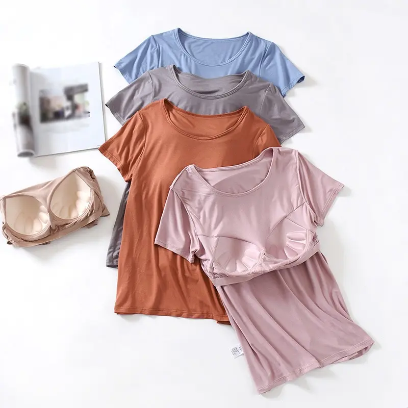 Women's T-Shirt with Chest Pad Tops  One-Piece Bra Cup Slim T Shirt Female Summer Top Bottoming Shirts Home Wear Women Pajamas