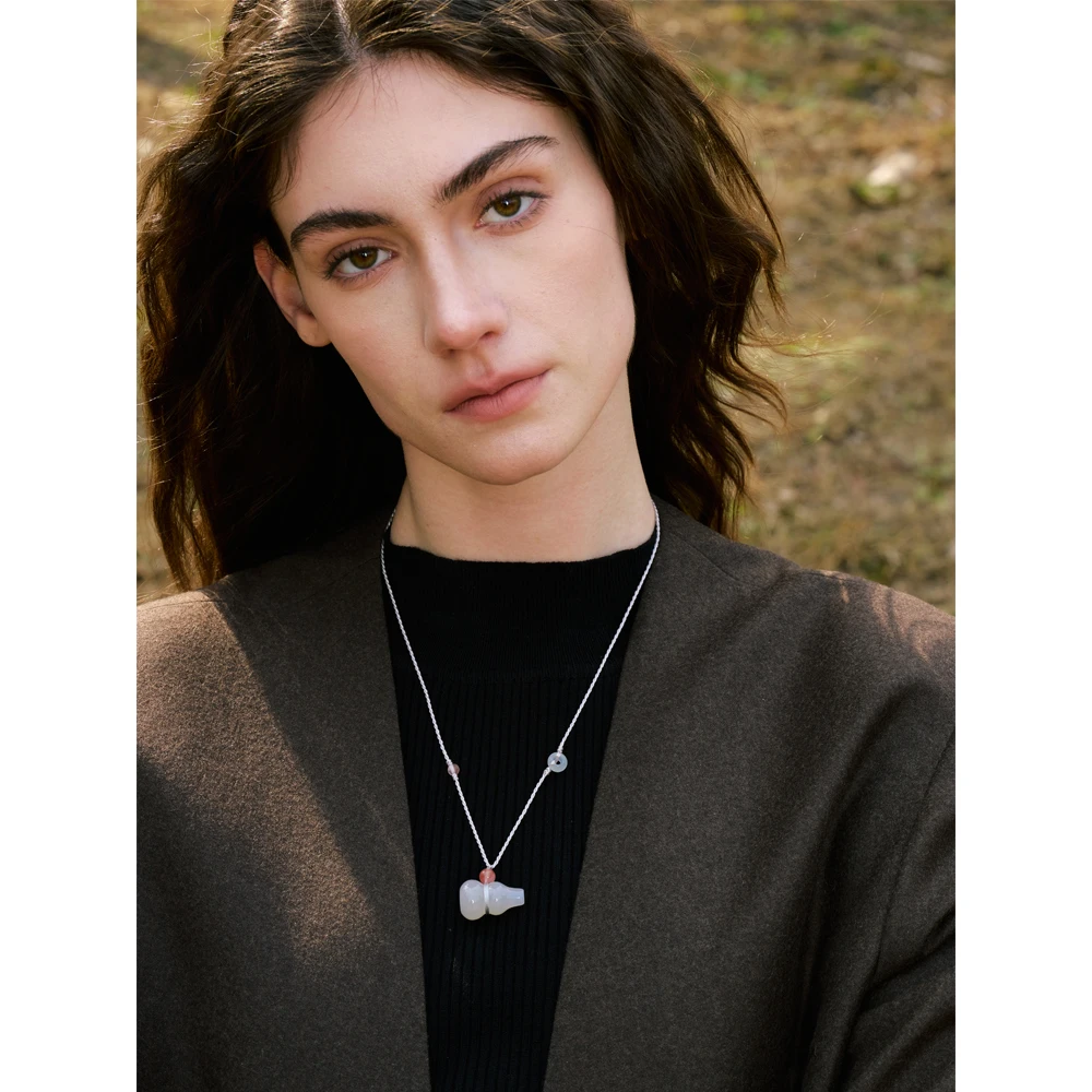 Yhpup Unisex Family Jewelry China Style Lucky Riches Health Wishes Unique Natural Stone Pendant Chalcedony Necklace Men Women