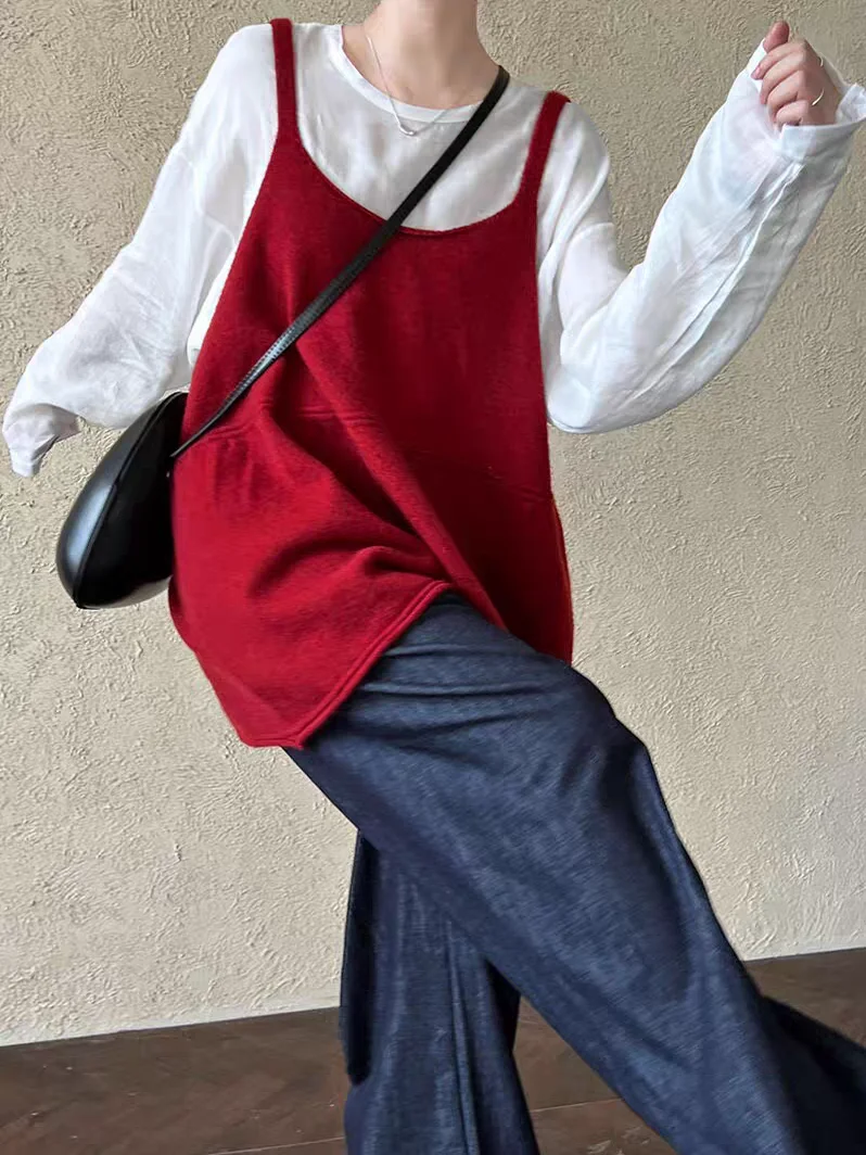 Red Knitted Strap Sweater Vest Women's Early Autumn New Style Layered Loose Slimming Lazy Style Outerwear Sleeveless Top
