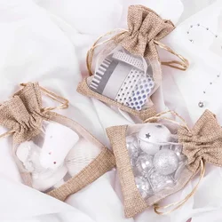 20Pcs 4X5.5 Inch  Burlap Drawstring Gift Bag - Burlap with One Side Organza Wedding Party Welcome Favor Bags - Tan