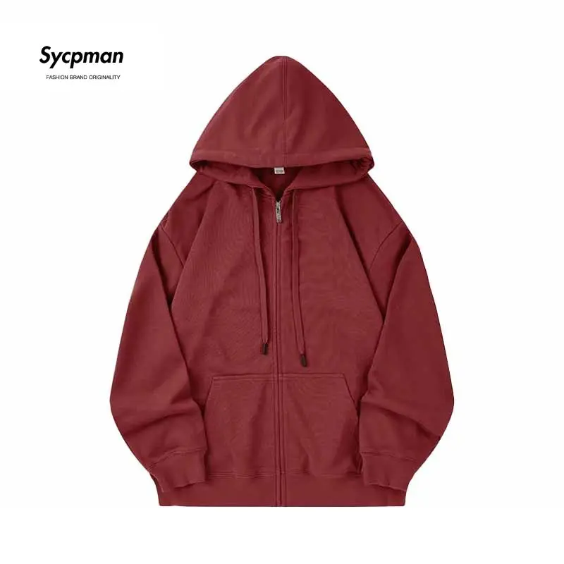 Sycpman เสื้อฮู้ดซิปหลวม330กรัม, สำหรับผู้ชายและผู้หญิงเสื้อมีฮู้ดลำลองสีพื้นเสื้อผ้าแนวสตรีท