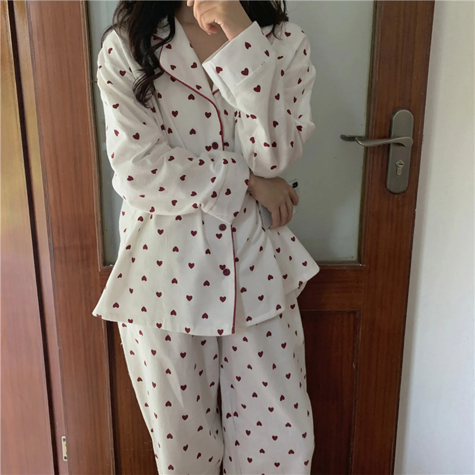 

2-Piece Set High Quality Pajamas For Women Spring And Summer Loose And Comfortable Long-Sleeved Cardigan Love Print Home Clothes