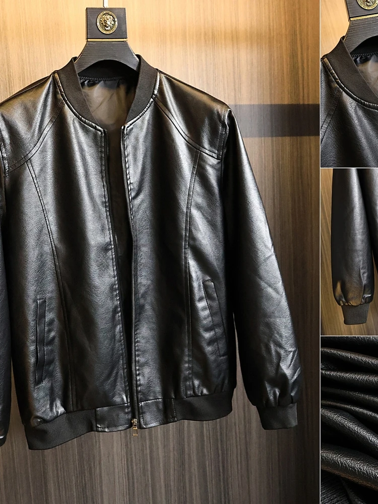 

Washed PU Leather Baseball Collar Jacket Men's Casual Style Fashion Urban Youth Breathable Long Sleeve Zipper Closure Coat