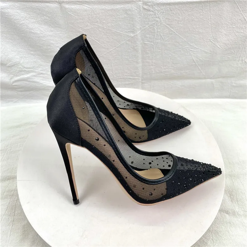 Keshangjia Rhinestones Women Patchwork Black Satin Gauze Pointy Toe High Heel Party Sho0es Elegant Stiletto Pumps33-45 Yards