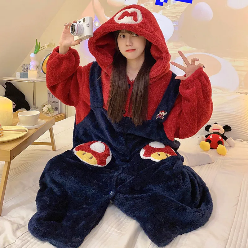 Super Marios Cosplay Flannel Pajamas for Women Thickening Winter Warm Sleepwear Hooded Jumpsuit Anime Kigurumi Onesies for Girls