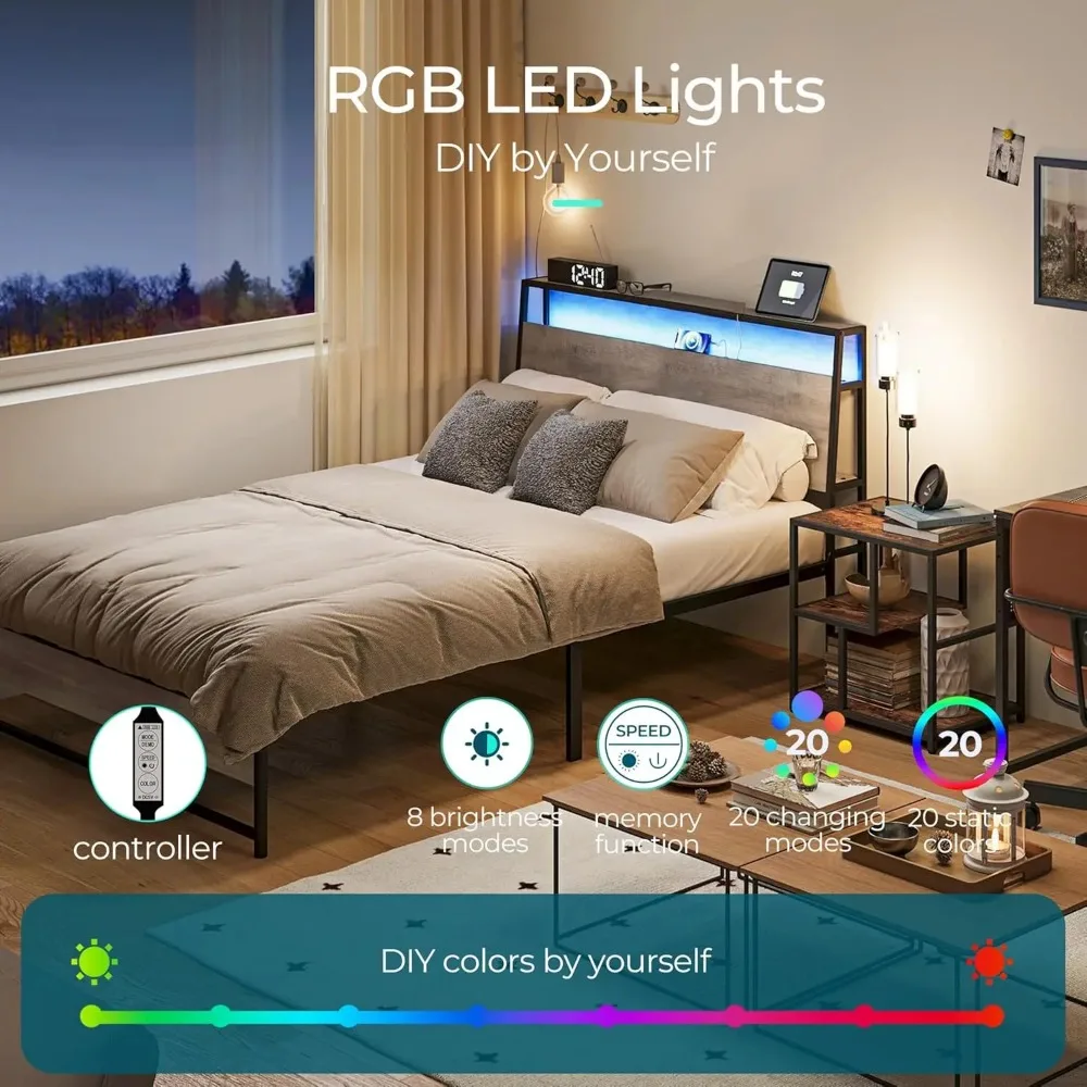 Estrutura de cama de solteiro com cabeceira ergonômica, cama de metal de montagem rápida de 14 polegadas com luzes LED, tomadas e USB, cama de tamanho duplo infantil