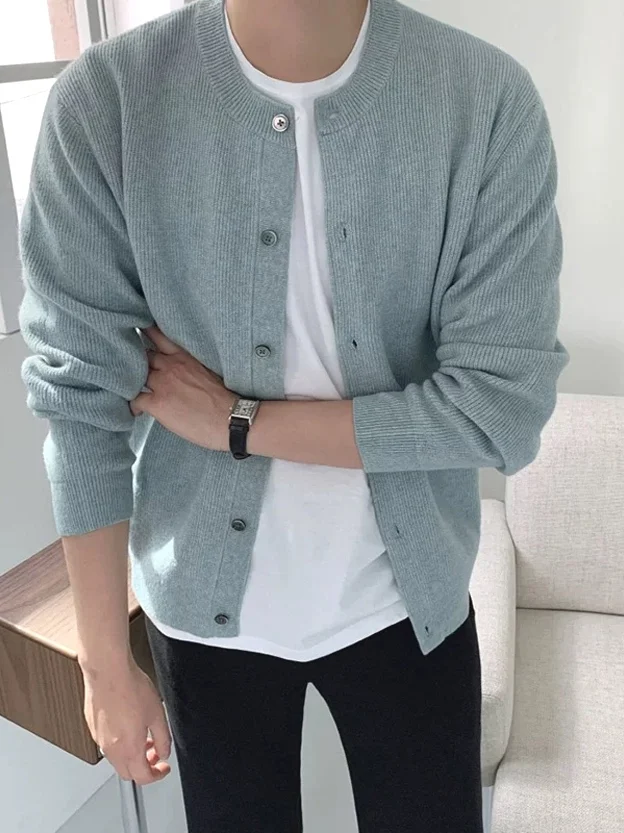 

Slim Fit Long Sve Knitted Cardigan Men's round Ne Button up Striped Sweater Thin Outerwear Casual Sle Autumn Outerwear