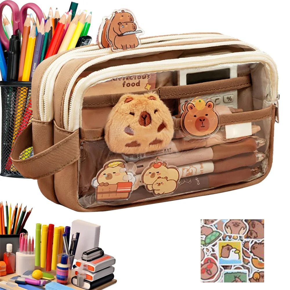 Cute Pencil Case Clear Pencil Pouch Multi-Layer Pencil Case Capybara LargeCapacity PencilCase Wide Opening Pencil Pouch for kids