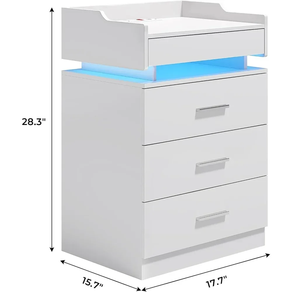 White Nightstand Set of 2,LED Night Stand with Charging Station & Pull-Out Tray,Bedside Table with Drawers,Modern End Table Side