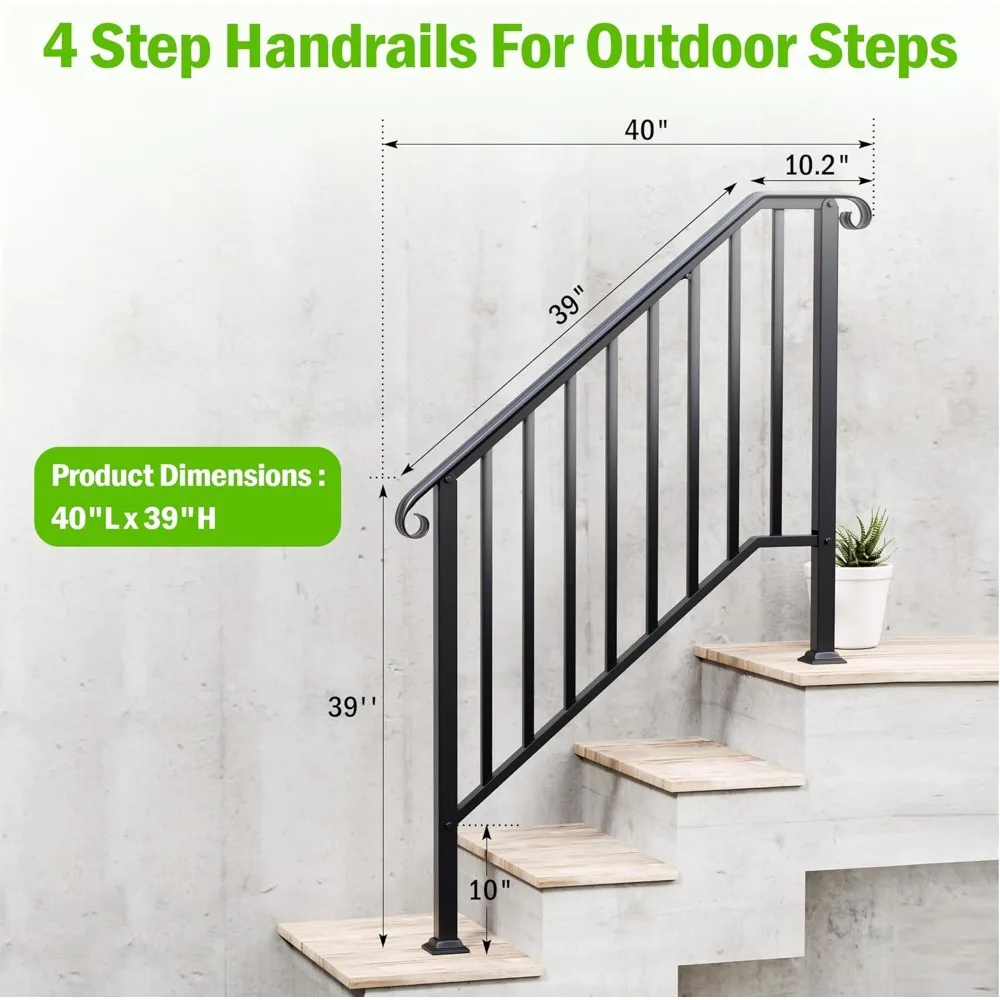 Outdoor Wrought Iron Stair Railing for 3-4 Steps, Metal Handrail with Installation Kit