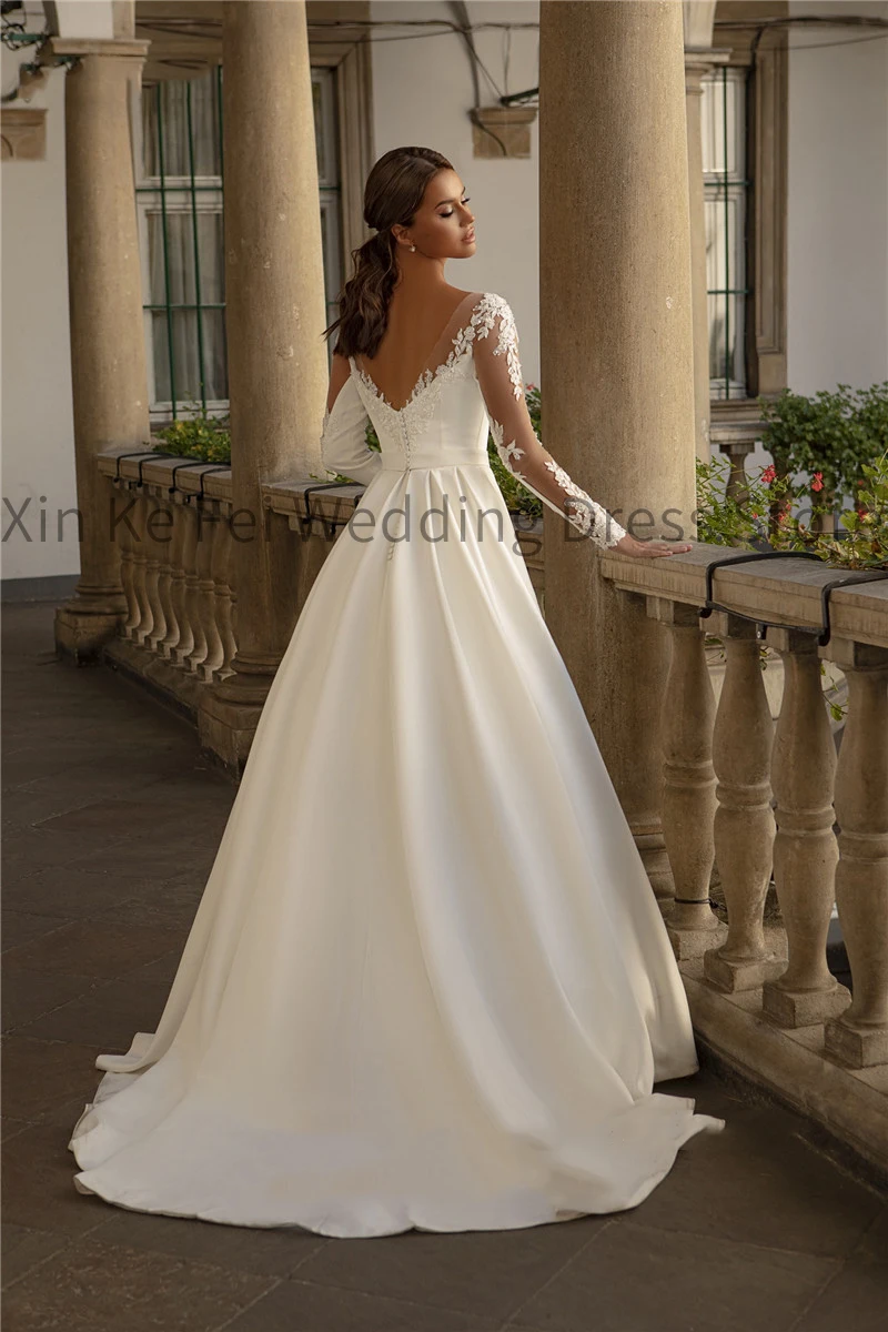 Robe de Mariée en Satin à Manches sulfet Col Rond pour Femme, Élégante, en Dentelle, avec Appliques, pour Patients de Princesse, Transparente, Sexy, Dos aux, 2024