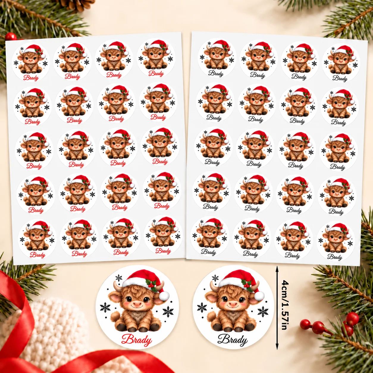 Personalized Christmas Name Stickers, Custom Highland Cow Round Labels, Holiday Gift Seals for Wrapping and Party Decor