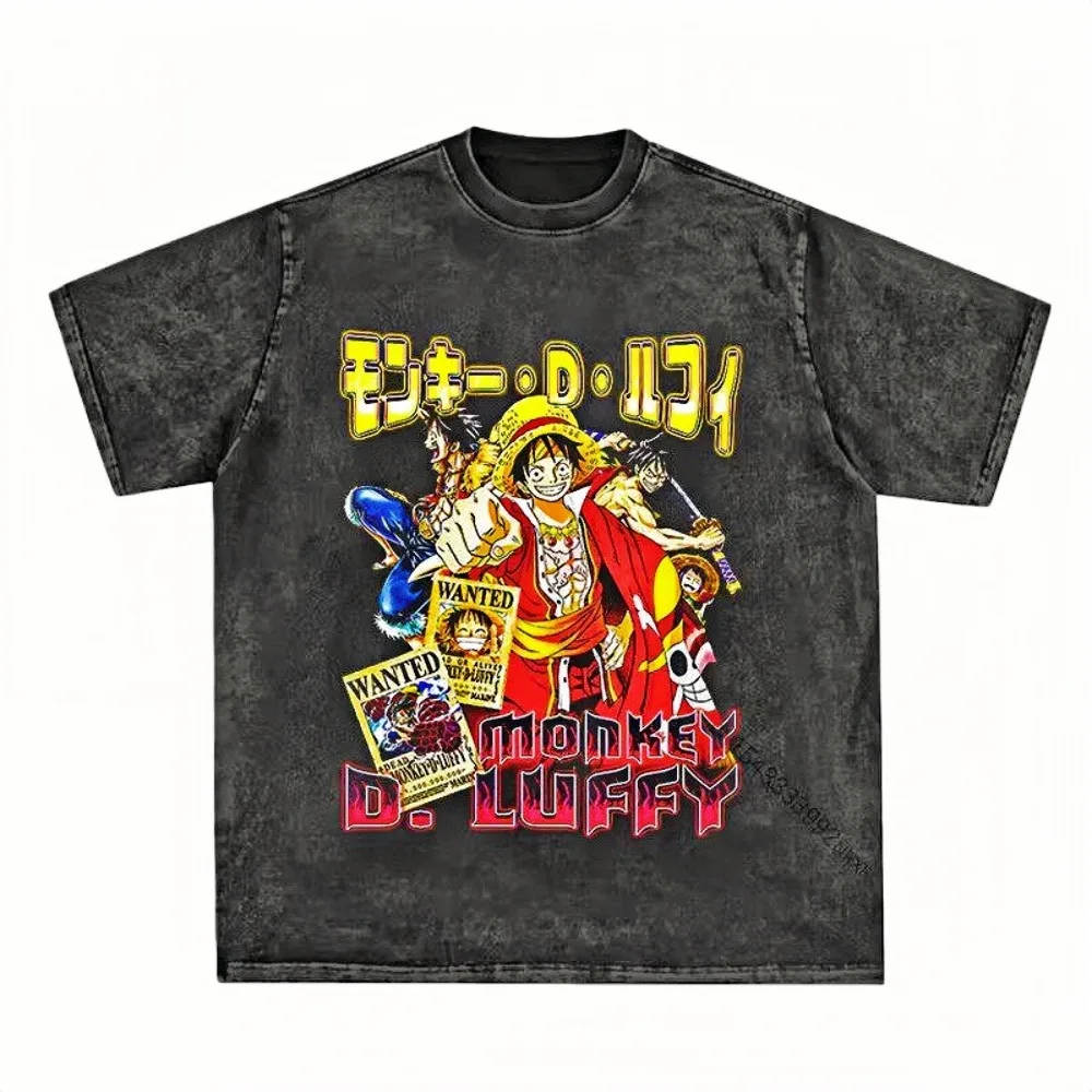 

Цельная футболка с промытой кислотой, плакаты с изображением Луффи, унисекс, большие размеры, 100% хлопок, ностальгическая одежда в стиле аниме, футболки с коллажем