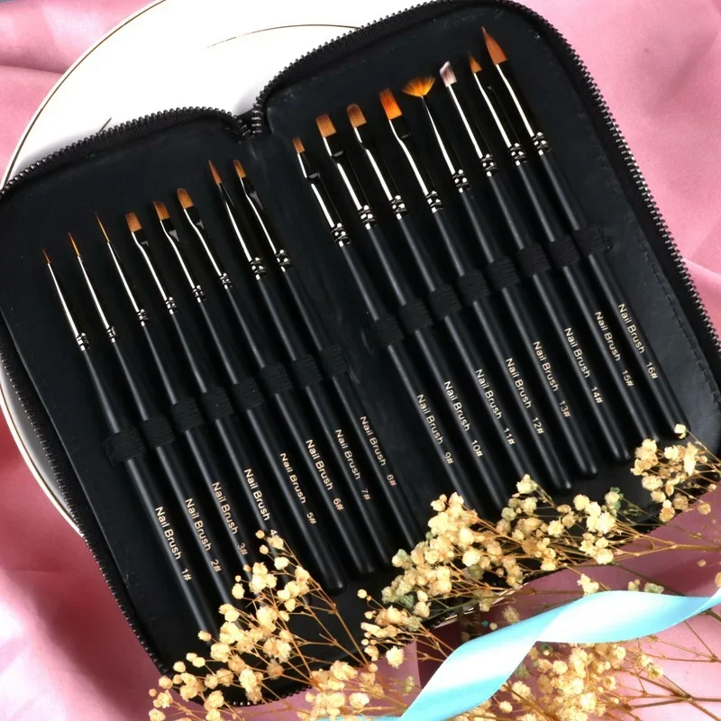 16 pezzi set di pennelli per unghie professionali pittura 3D disegno manicure pennello acrilico polvere liquida penna per intaglio salone di casa strumenti per nail art