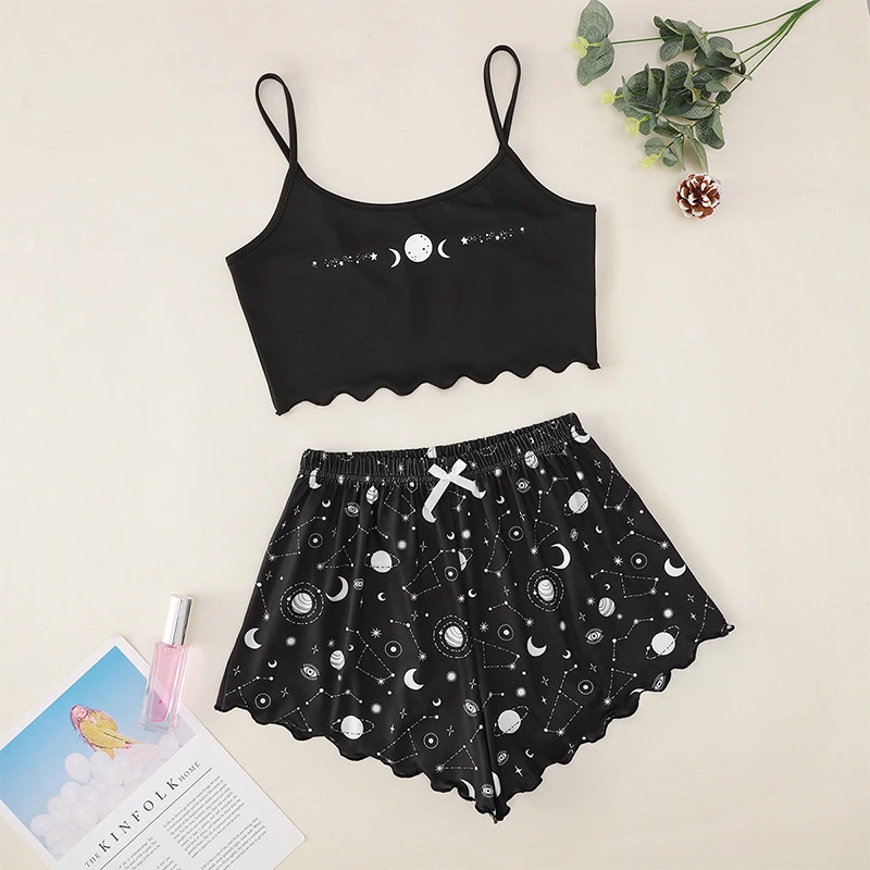 Fashionable And Casual Home Moon Star Camisole + Shorts Pajamas Two-Piece Set For Women