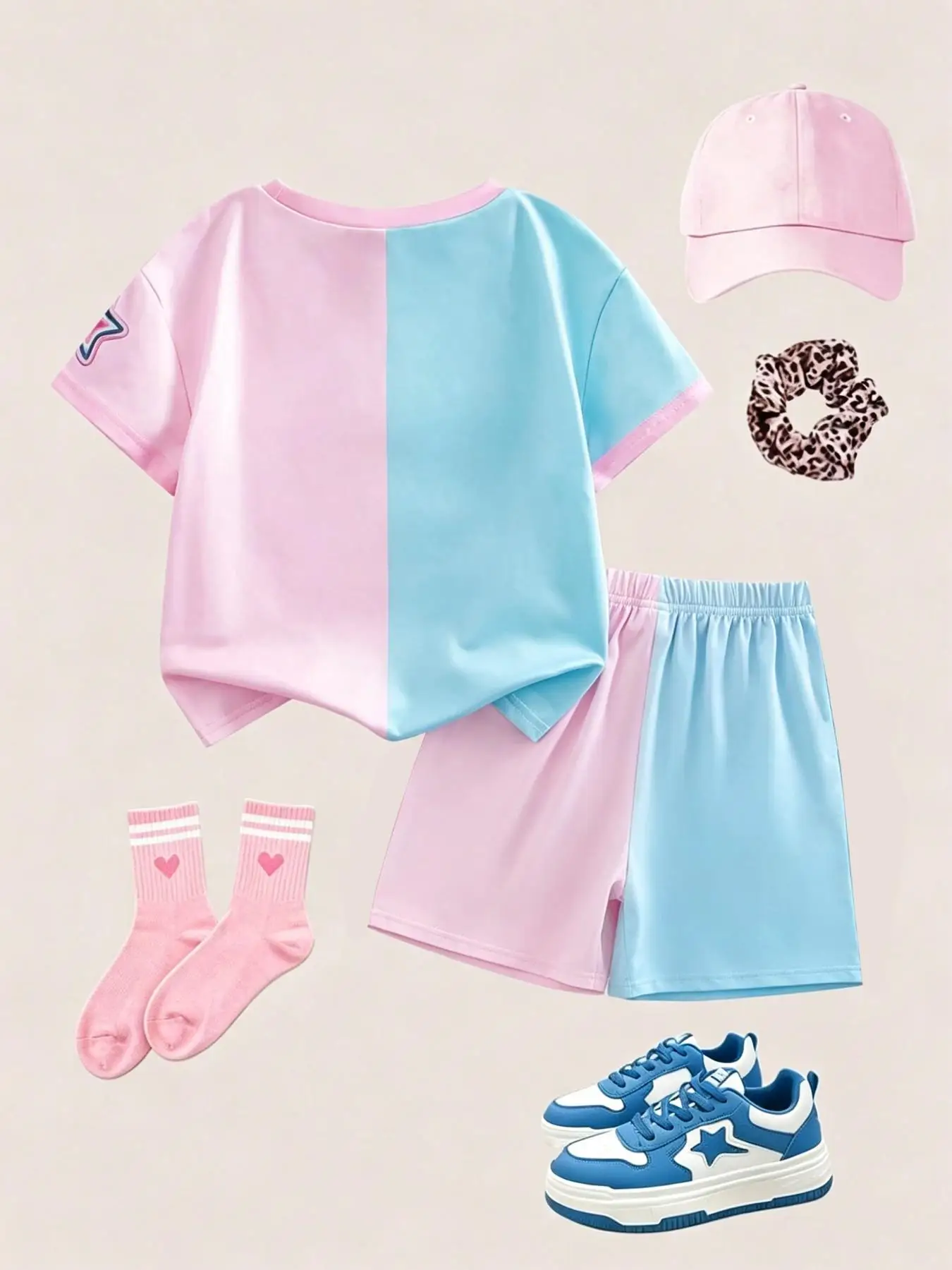 Two-piece set for girls featuring an anime idol print; includes a color-block short-sleeve T-shirt and shorts—a Y2K-style summer