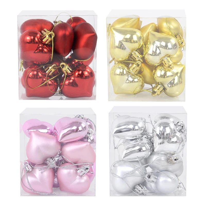 12pcs Plastic Heart Christmas Ball Ornament Xmas Tree Decorations Hanging Pendant for Home New Year Party Decor Wedding Supplies