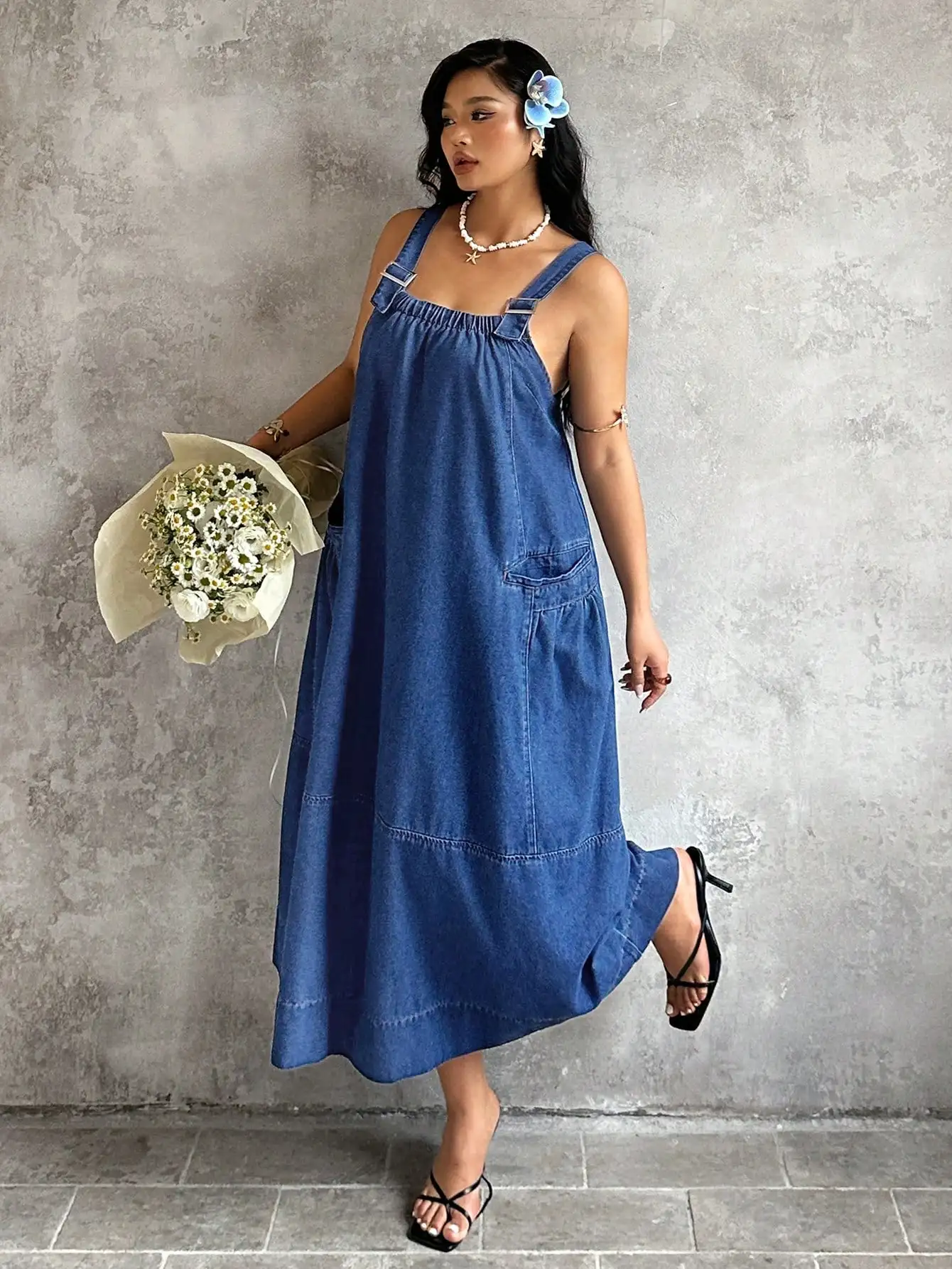 

Plus Size Summer Casual Denim Jumpsuit Dress With Pockets