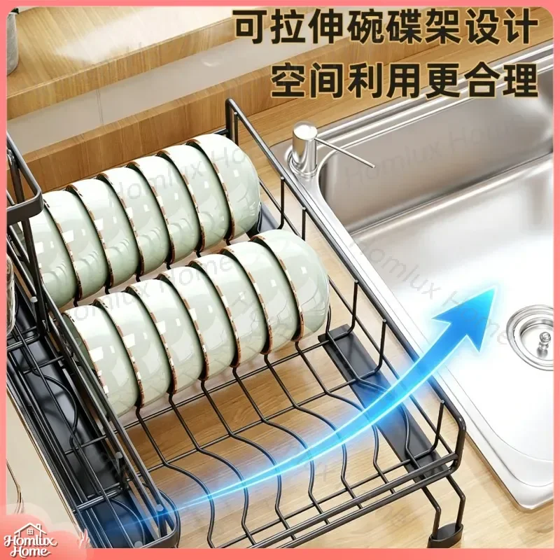 Retractable Kitchen Dish Drying Rack Countertop Drain Rack for Plates Cups Chopsticks Knives Forks Utensil Storage Space