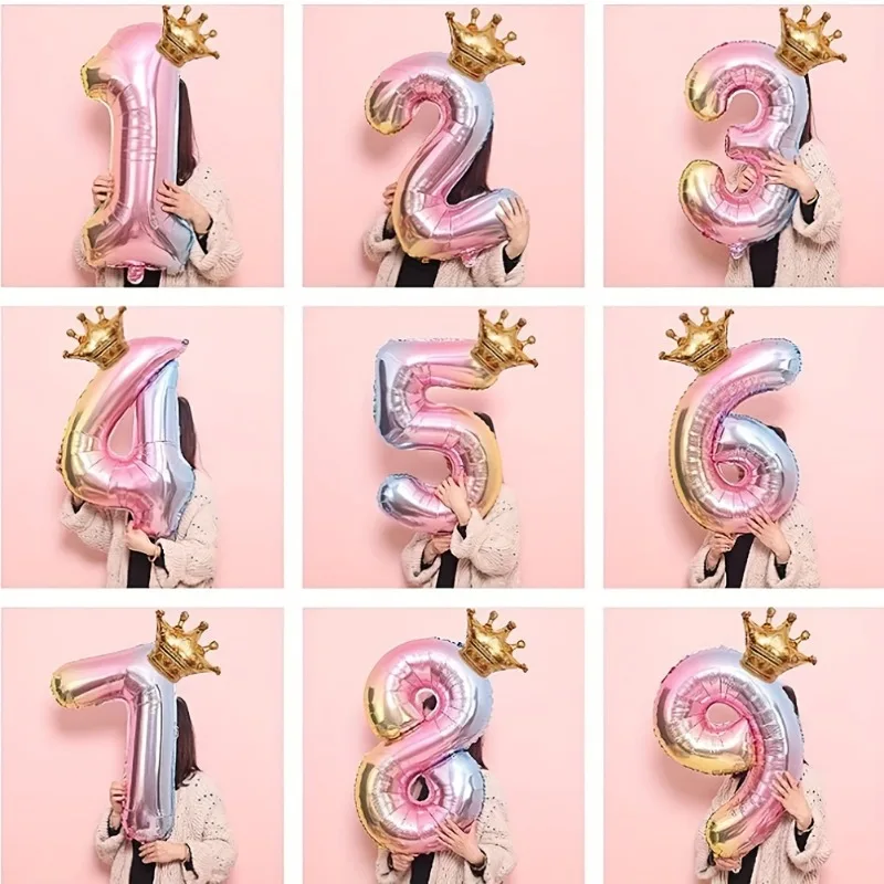 32 Zoll Großer Kronen-Zahlen-Folienballon, Rosa-Blau Farbverlauf Digitaler Ballon für Babyparty, Hochzeitstag Partydekoration