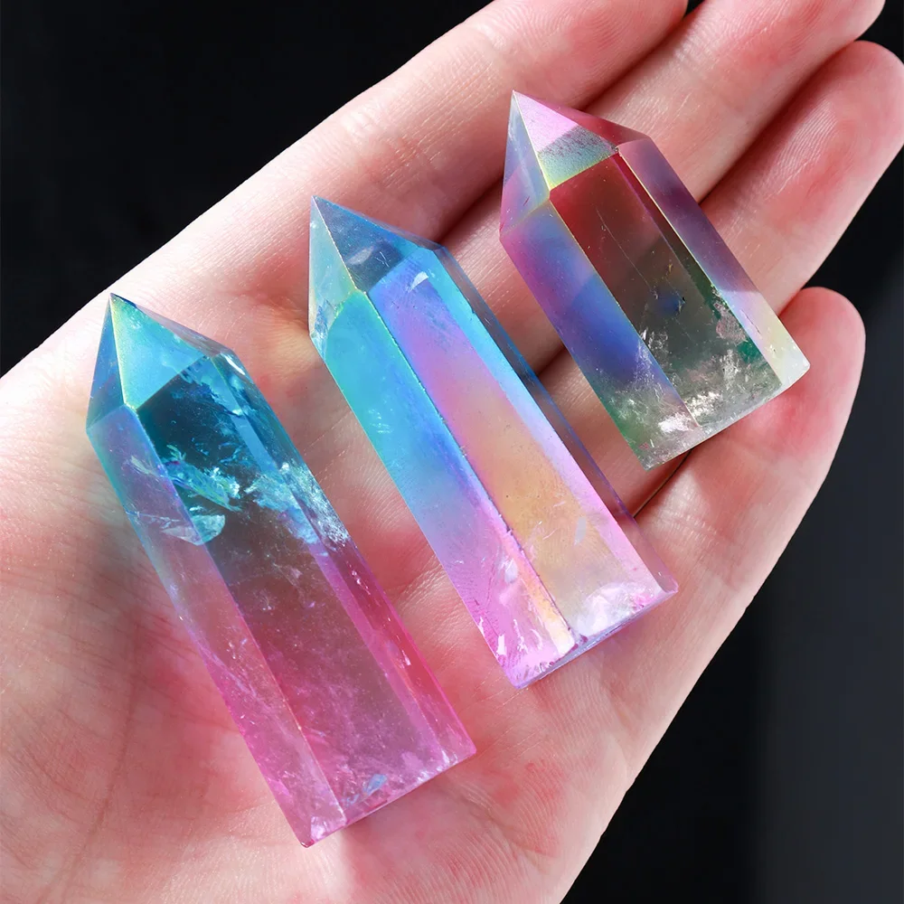 

Mineraali Electroplated Rainbow Stone Tower Natural Transparent Clear Quartz Healing Wand Two Color Transparent Hexagon Ornament