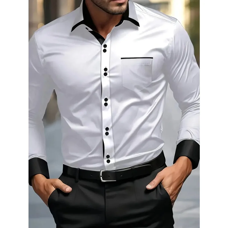 

Men White Shirt Brand New Men's Fashion Patchwork Long Sleeve Elastic Shirt Four Season Male Tuxedo Shirts