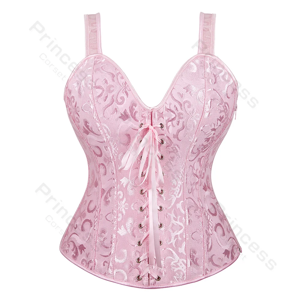 Pink Corset Bustier Top Victorian Overbust Princess Corset Lace Trim Showgirl Lingerie Costume Corsets for Women Plus Size