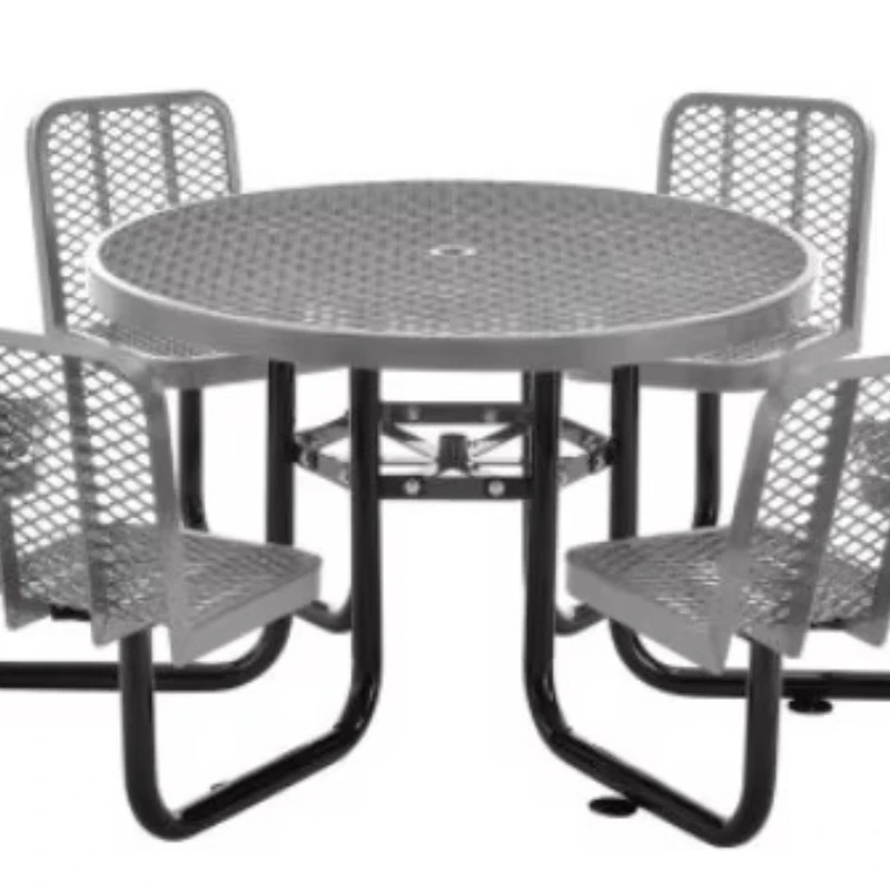 

46-Inch round perforated metal picnic table with six modern benches