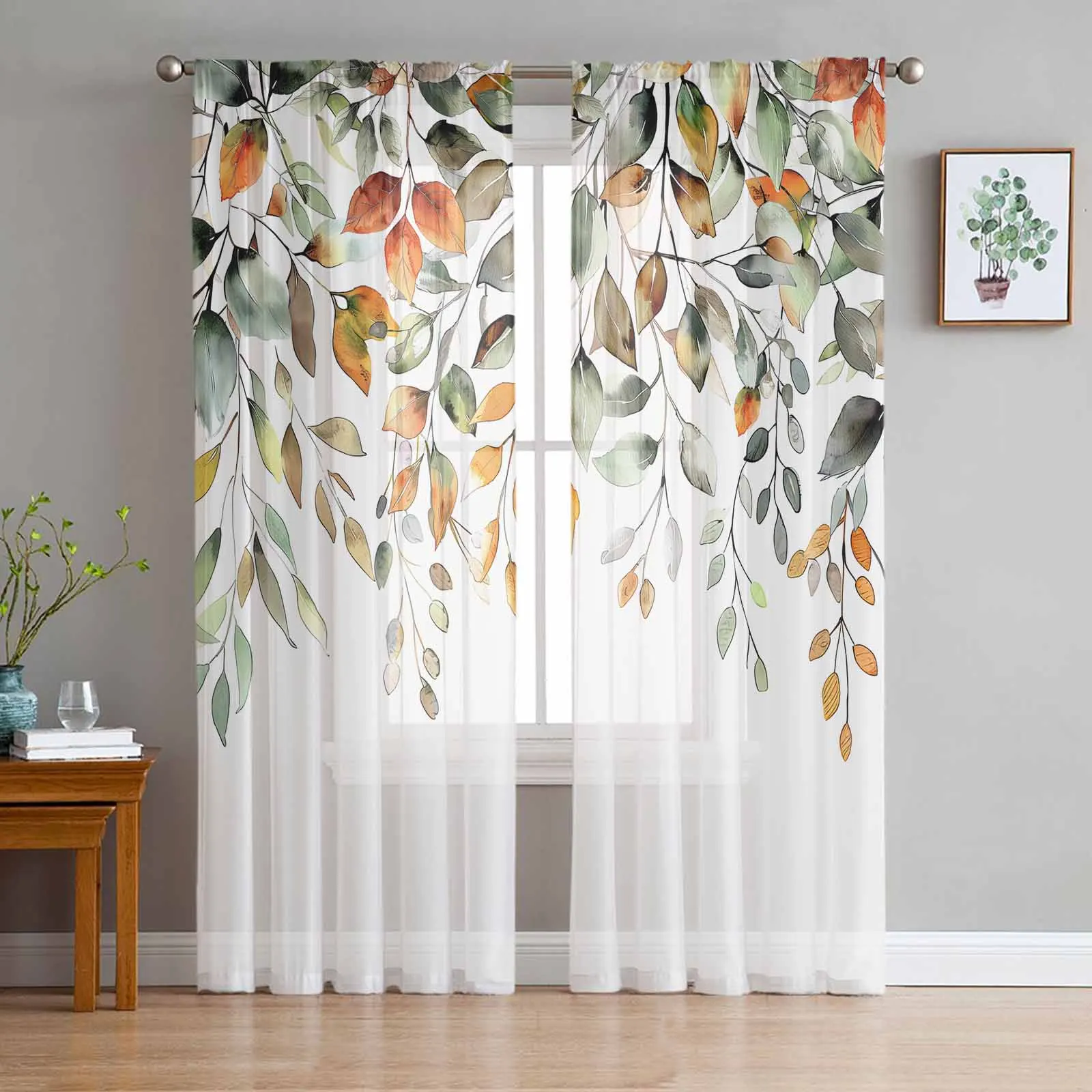 

Autumn Eucalyptus Leaf Sage Green Leaf Plant Tulle Curtains For Bedroom Home Decor Living Room Kitchen Voile Curtains For Blind