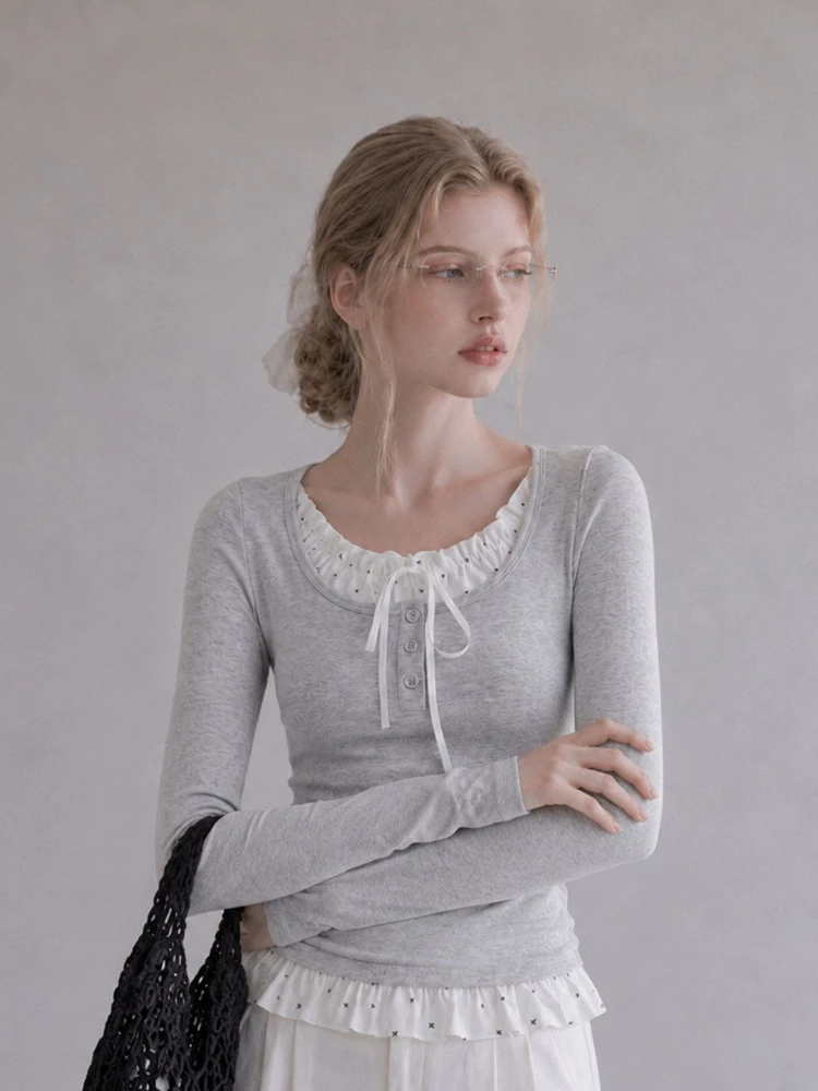 Coquette French Two Piece Set Contrast Ruffle Trim Bow Tie Front Long Sleeve T Shirt Women Slim Fit Casual Daily Outfit Female