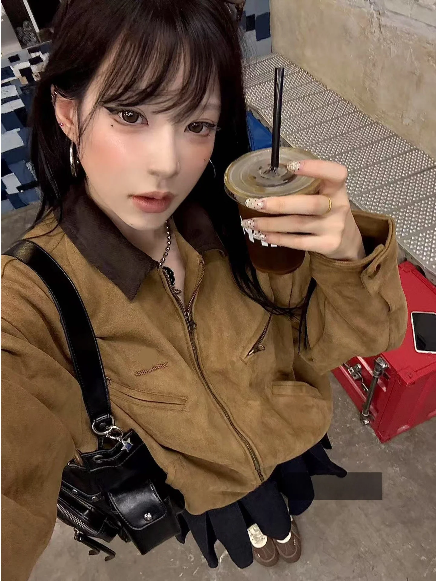 

Spring New Sle Women's Suede Jaet Vintage Collar Splicing Barn Sle Loose Fit Long Sve Zipper Closure Color