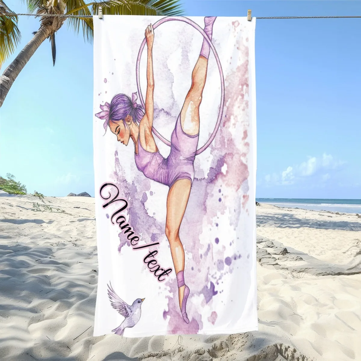 Custom Aerial Hoop Beach Towel Personalized Name Watercolor Gymnast Bath Towel Soft Microfiber Quick Dry Swimming Pool Blanket