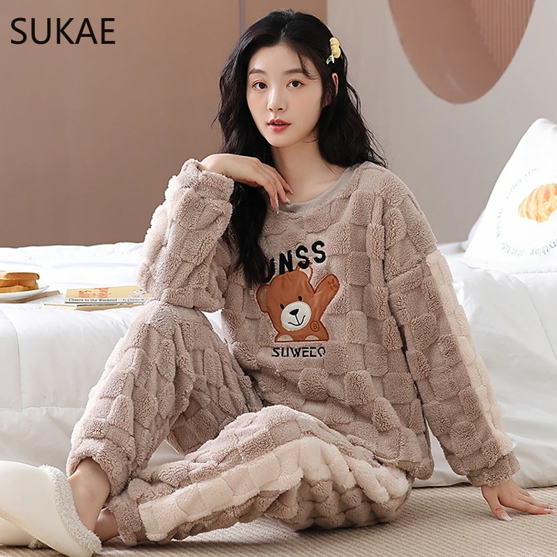 SUKAE Fashion Women Winter Thermal Pajama Set Plus Size M-5XL Big Teddy Sleepwear for Girl Leisure Long Sleeves Fluffy Nightwear