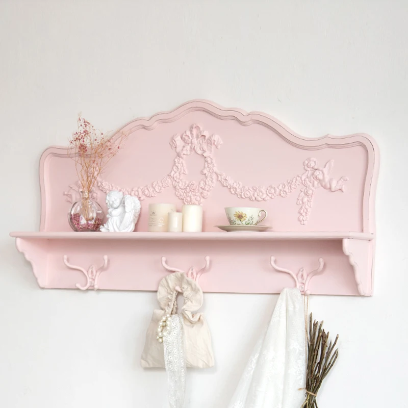 French Retro Pink Wood Porch Bedroom Entryway Living Room Wall Shelf Coat Hat Rack with Hooks