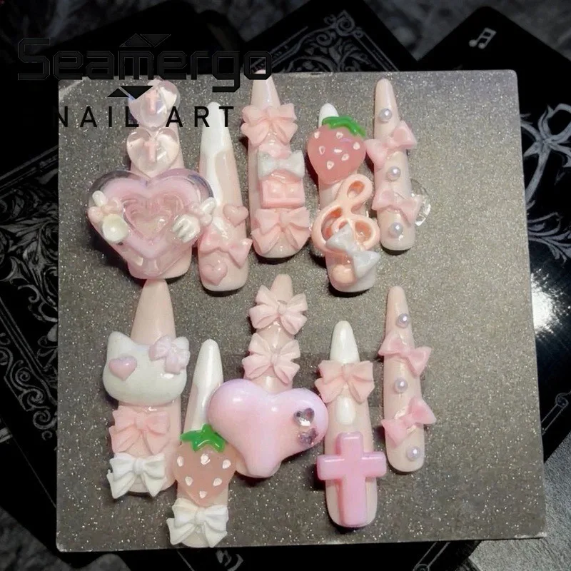 10PCS Sweet Pink Strawberry Stiletto Handmade Press on Nails 3D Bowknot Cat Heart Designs Almond False Nails Cute Nail Wearable